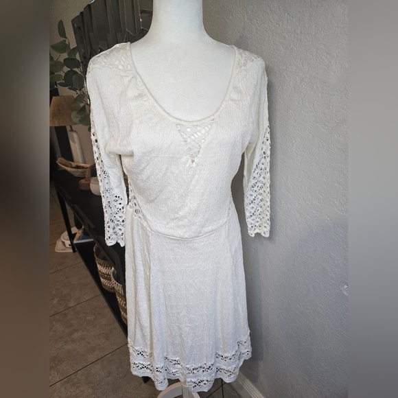 Free People Fit Flare Knit Skater Dress 3/4 Slv Lace Mesh Cutout  stretch Size L - Picture 5 of 12